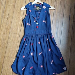 Cute Christmas navy blue retro dress with candy canes, swing, Nishe (ModCloth)